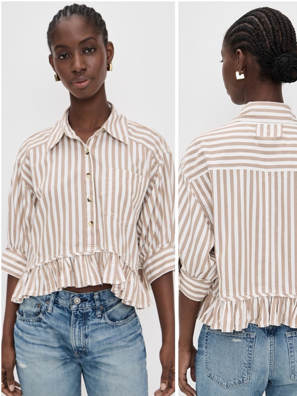 FREE PEOPLE Women’s Size S Striped Bailey Ruffle Hem Button-Up Cropped Shirt - Picture 14 of 16